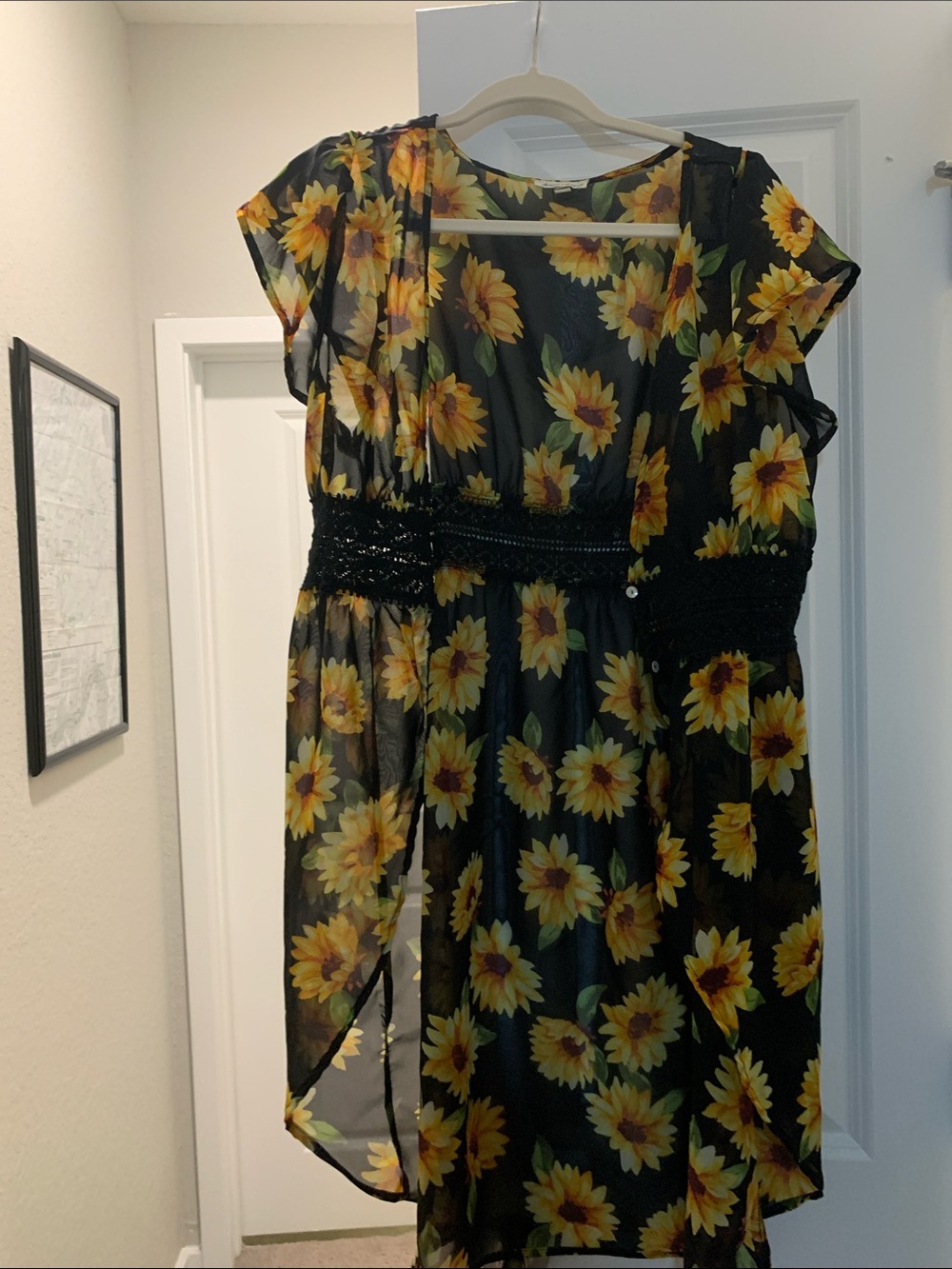 Derek Heart Black Sunflower Print Sheer Tunic